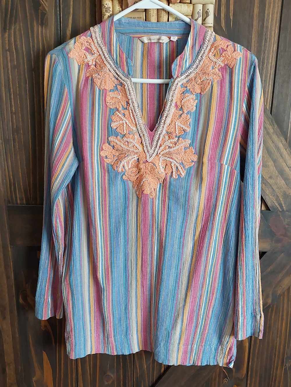 Soft Surroundings Multicolor Striped Tunic with Peach Embroidery